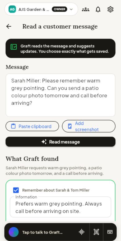 Graft reviewing tasks extracted from a customer message