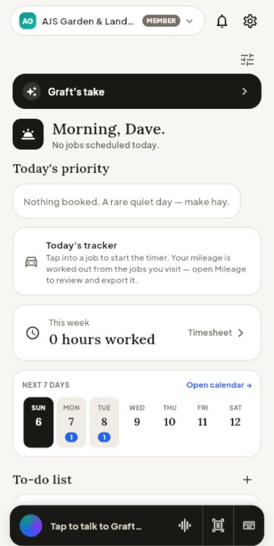 Graft worker portal showing their day, hours and assigned tasks